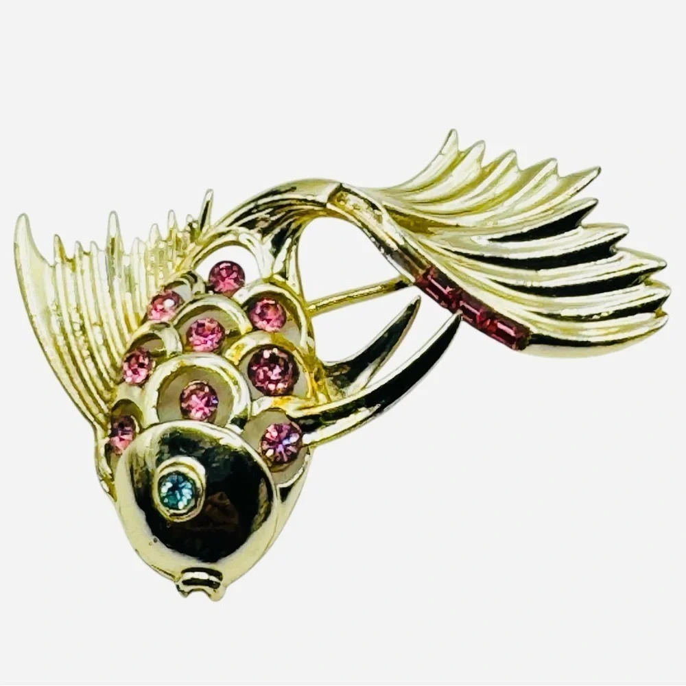 Vintage Gold Plated Sterling Silver Fish Brooch Pink Rhinestones with Stamp.